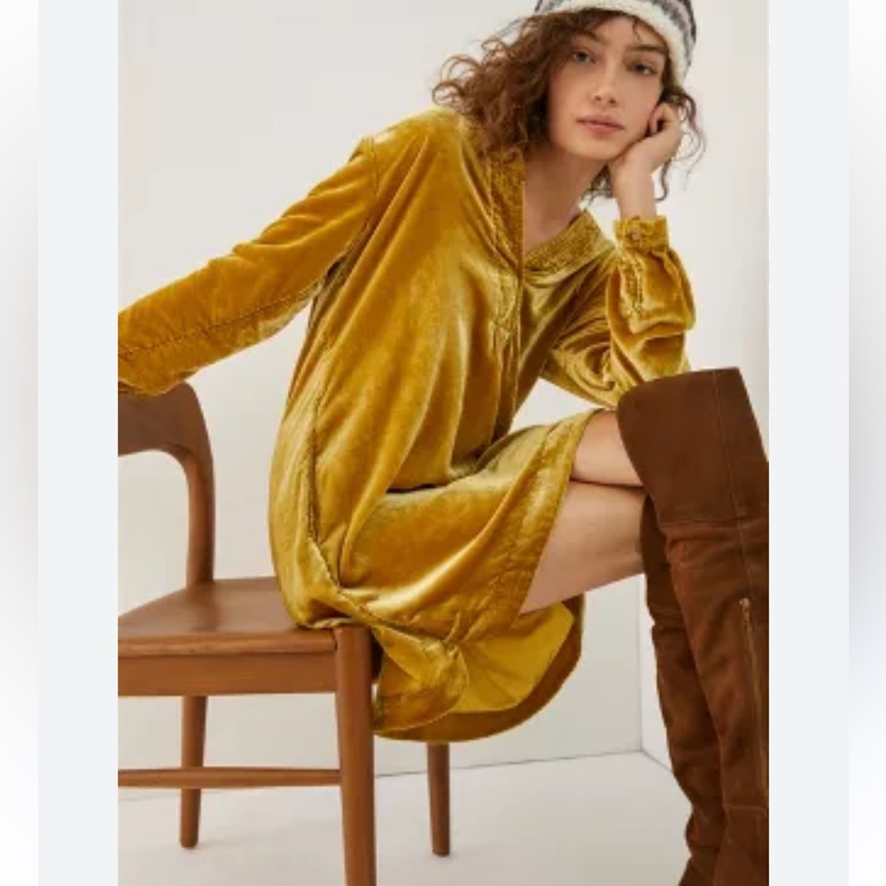 Anthropologie Melody Velvet Tunic Dress M Mustard Yellow - Picture 3 of 9